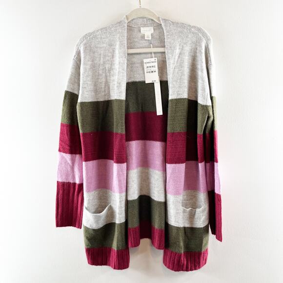 Caslon Long Sleeve Striped Colorblock Duster Open Cardigan Sweater Gray Small - Picture 2 of 5